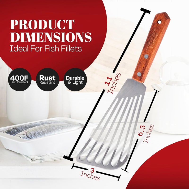 Rifsa 1 Slotted Elegant Silver Fish Turner Spatula - Metal Fish Spatula with 6.5 inch Blade & Ergonomic Wooden Handle - Ideal for Home and Professional Chefs - Image 3